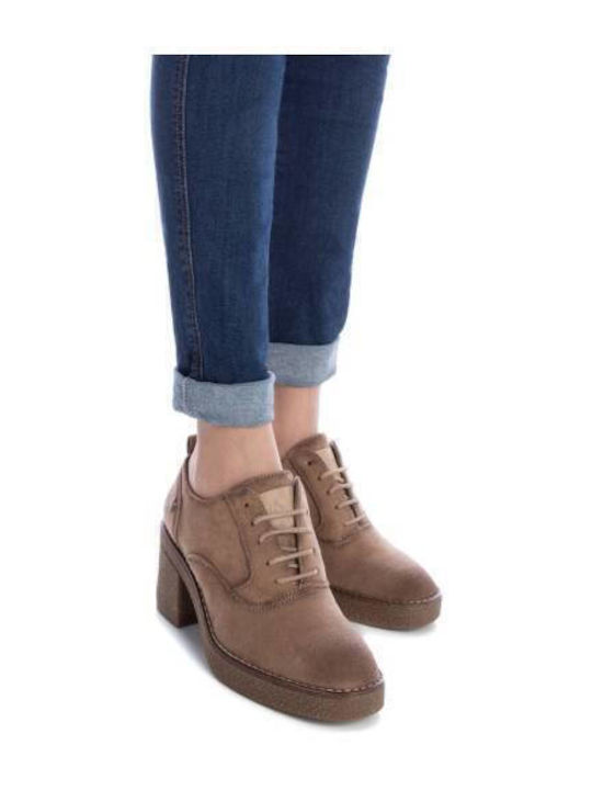 Suede Γυναικεία Μποτάκια Oxfords με Μεσαίο Τακούνι Taupe