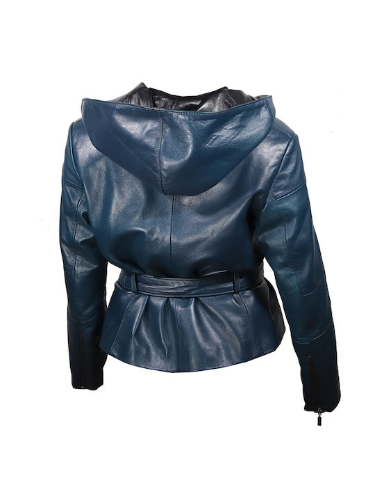 Ageridis Leather Women's Short Lifestyle Leather Jacket for Winter Blue