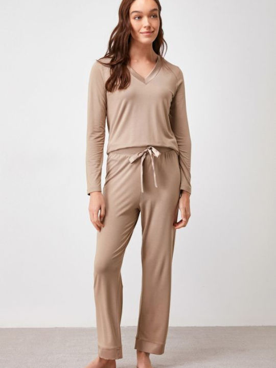 Penye Mood Winter Women's Pyjama Set Satin Brown