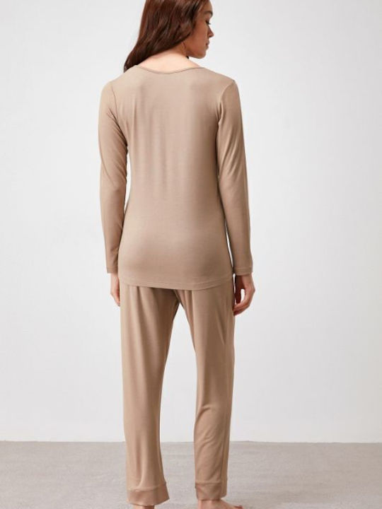 Penye Mood Winter Damen Pyjama-Set Braun