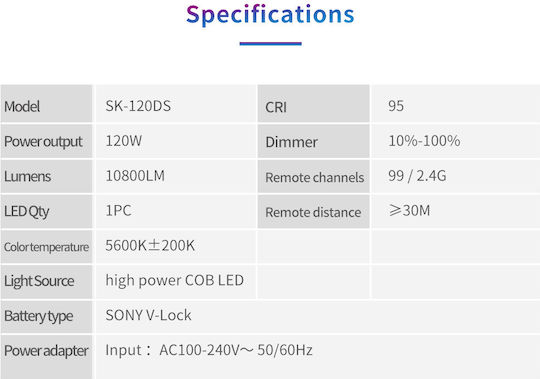 Tolifo Lumină LED 5600K 120W cu Luminozitate 10800lm