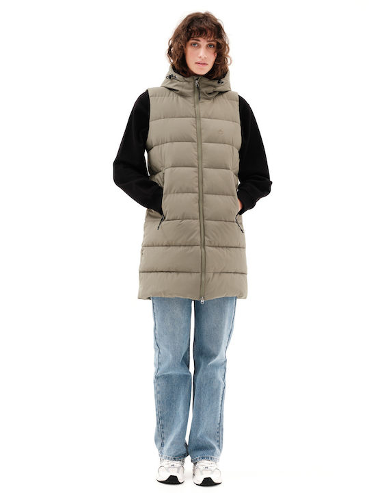 Lungă Jachetă de femei Fără mâneci Puffer Kaki