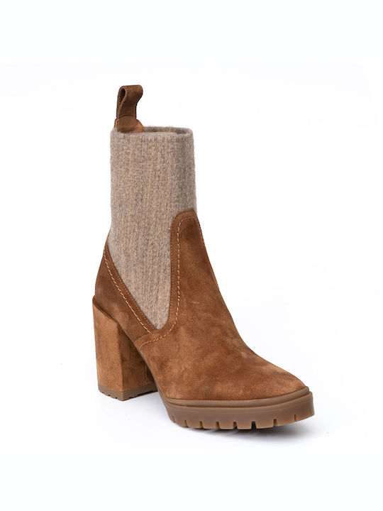 Perlapura Suede Women's Chelsea Boots with High Heel Tabac Brown