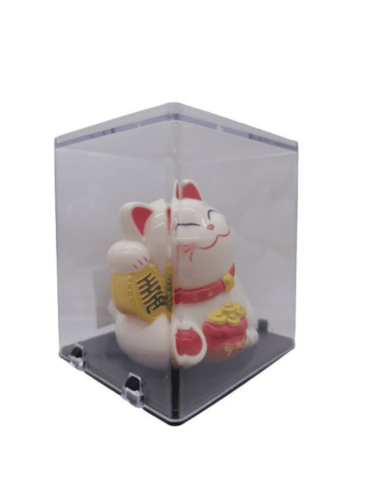 Pisica Maneki Neko, pentru noroc, abundență, bani, decorativă, fluturând din mână, cu lumină/soare (6,5 cm, alb, F99290WH, plastic)