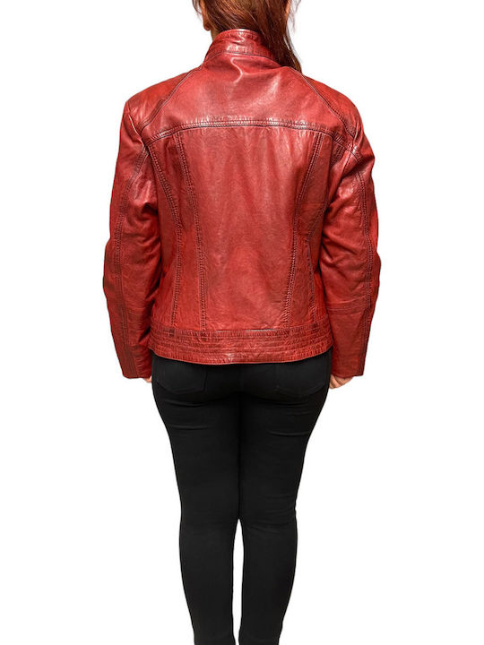 Women's Short Lifestyle Leather Jacket for Winter Red