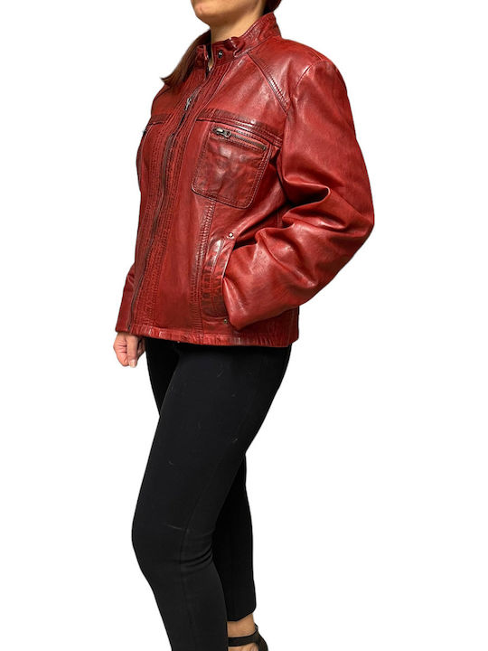 Women's Short Lifestyle Leather Jacket for Winter Red