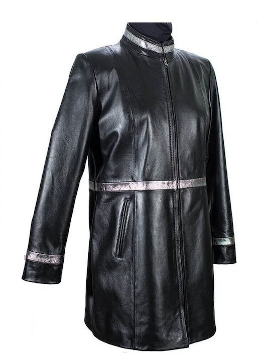 Ageridis Leather Women's Leather Midi Coat with Buttons Black