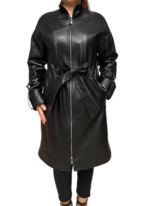 MARKOS LEATHER Women's Leather Midi Coat with Buttons Black