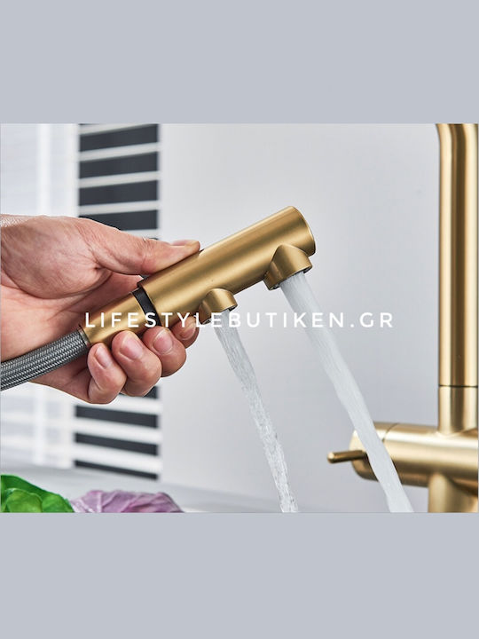Stocco Kitchen Faucet Counter with Shower and Spiral Brushed Gold