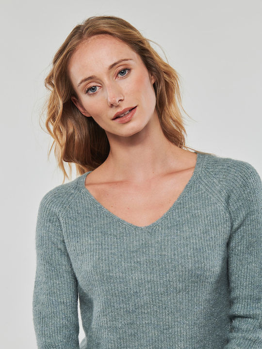 Damen Langarm Pullover mit V-Ausschnitt Grün