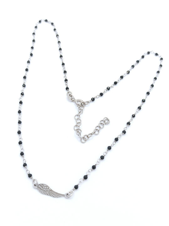PS Silver Necklace Rosary Angel Wings Silver with Zircon Black