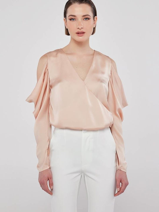 Criss Women's Satin Long Sleeve Top with V-Neck Pink 2023S312-Light