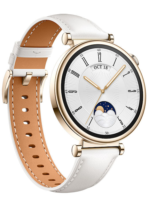 Huawei Watch GT 4 Stainless Steel 41mm Waterproof with Heart Rate Monitor (White Leather Strap)