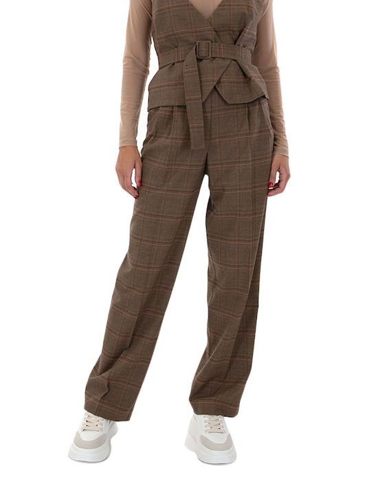 MY T Women's High-waisted Fabric Trousers in Straight Line Brown