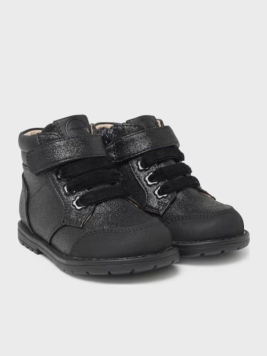 Biker Lederne Kinderstiefeletten mit Klettverschluss Schwarz