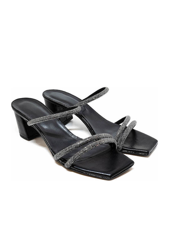 Leather Mules with Chunky High Heel in Black Color