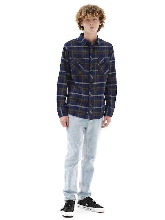 Long-sleeved Flannel Shirt Checked Blue Olive