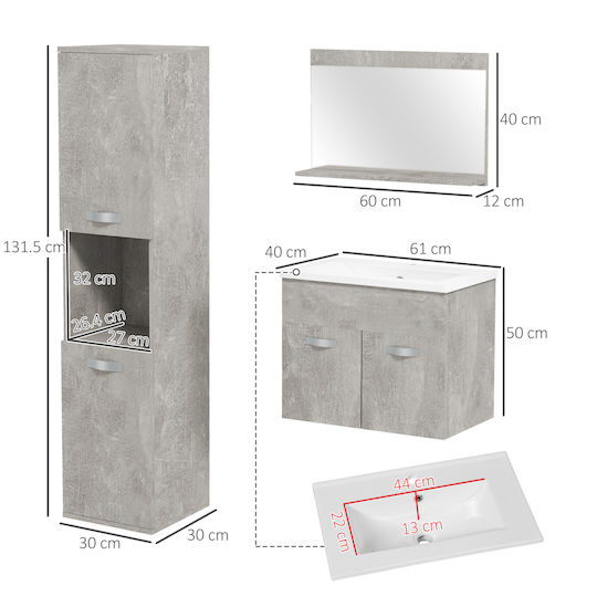 Kleankin Countertop with Sink, Mirror & Column Matte Lacquer L60xW40xH50cm Gray
