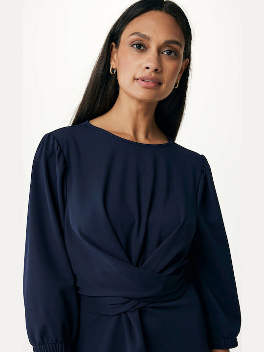 Midi Shirt Dress with 3/4 Sleeve Wrap Navy Blue