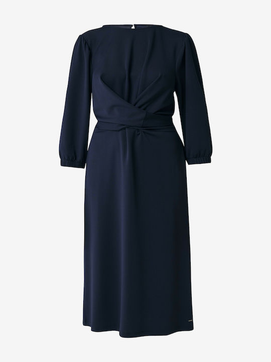 Midi Shirt Dress with 3/4 Sleeve Wrap Navy Blue