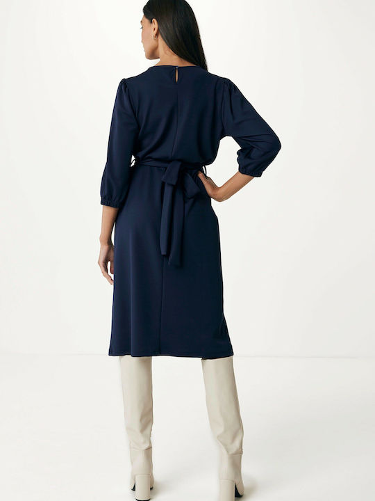 Midi Shirt Dress with 3/4 Sleeve Wrap Navy Blue