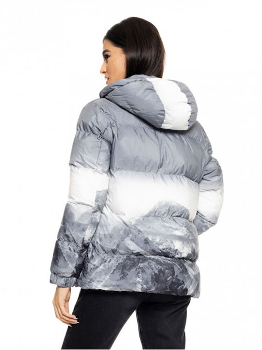 Women's Short Puffer Jacket for Winter with Hood Gray