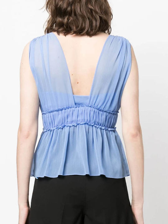 Patrizia Pepe Damen Sommer Bluse Ärmellos mit V-Ausschnitt Blau