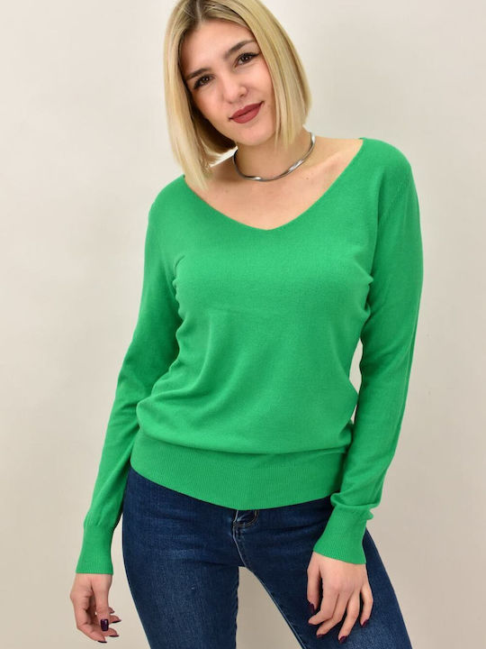 Potre Damen Langarm Pullover mit V-Ausschnitt Grün