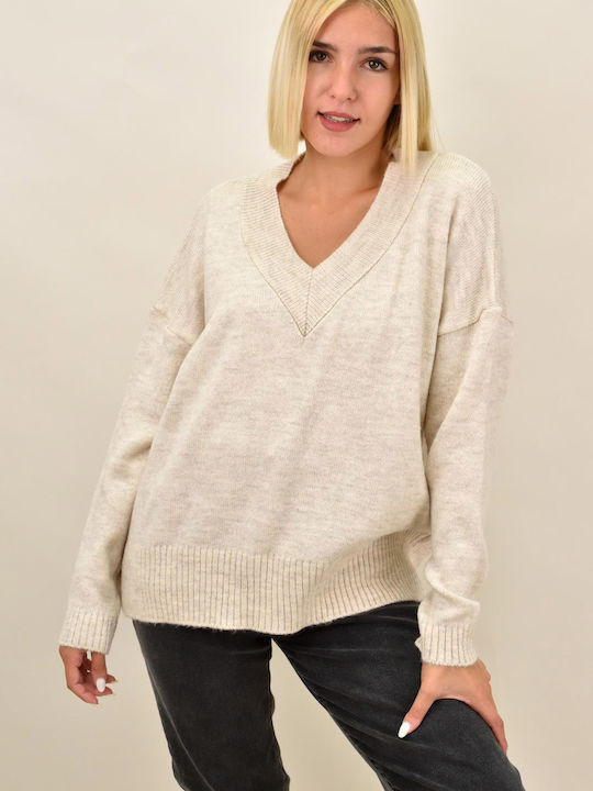 Women's Long Sleeve Sweater with V Neckline Beige