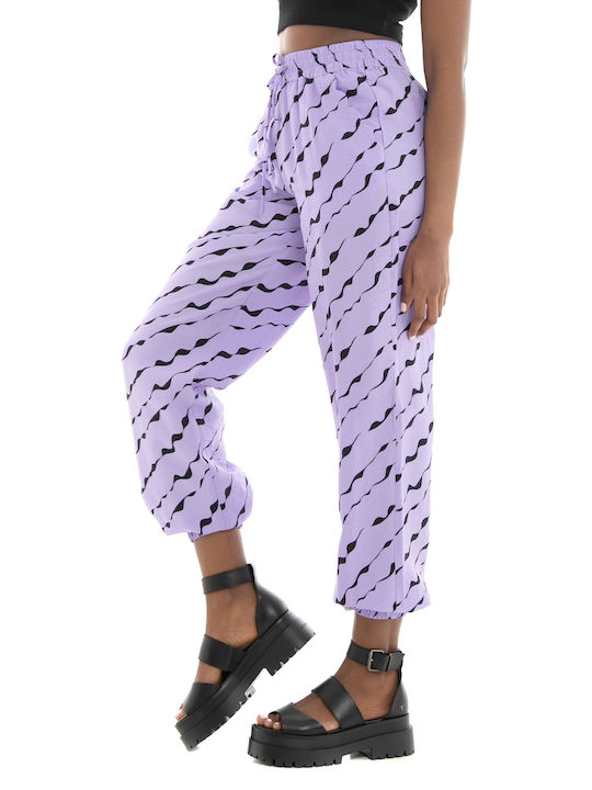 Selected Women's High-waisted Fabric Capri Trousers with Elastic Purple