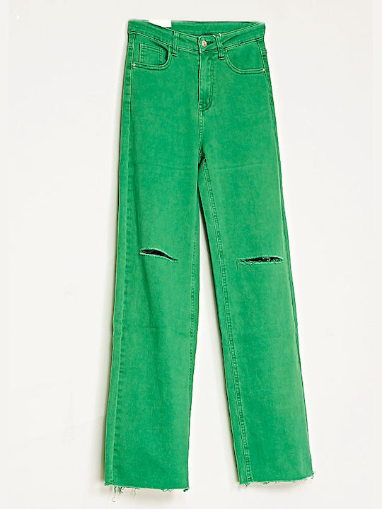 High Waist Women's Jean Trousers with Rips in Loose Fit Green