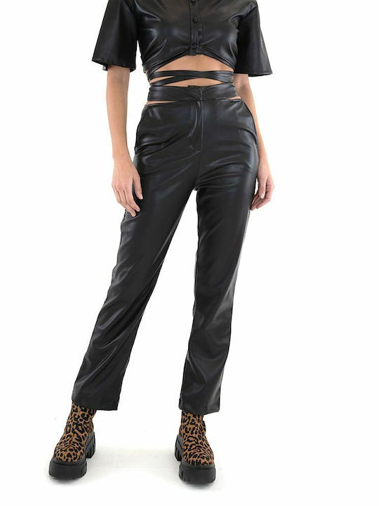 Lace Faux Women's High-waisted Leather Trousers Black