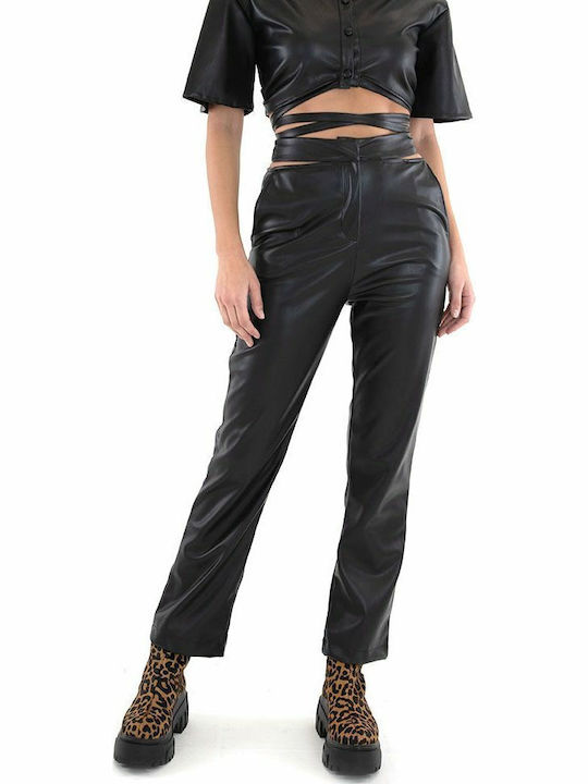 Lace Faux Damen Hoch tailliert Stoff Hose Schwarz
