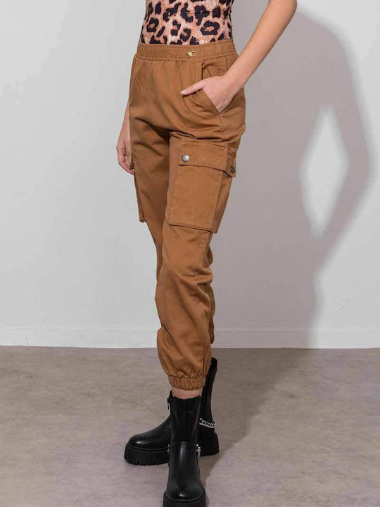 Damen Stoff Cargo Hose mit Gummizug Braun
