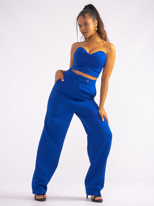 The Lady Women's Cotton Trousers in Straight Line Blue