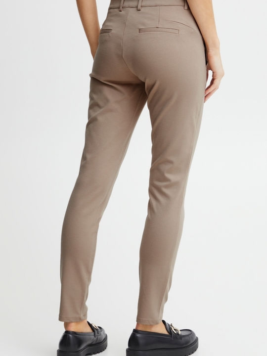 Fransa Mid Waist Women's Fabric Trousers in Slim Fit Beige