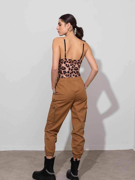 Damen Stoff Cargo Hose mit Gummizug Braun