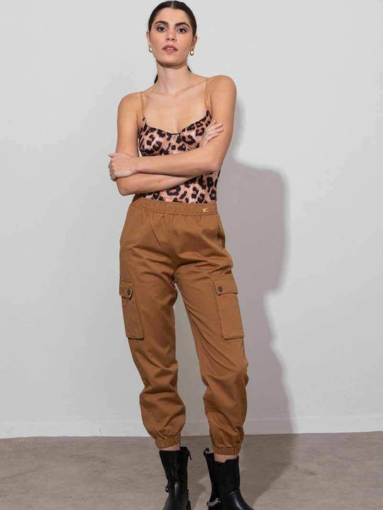 Damen Stoff Cargo Hose mit Gummizug Braun