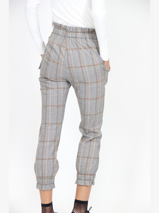 Women's High-waisted Fabric Capri Trousers Checked