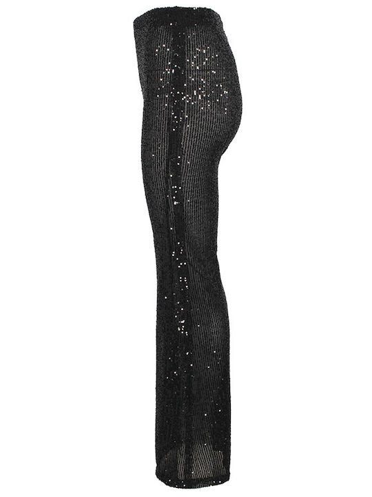Damen Hoch tailliert Stoff Hose Schlag in Schlanker Passform Schwarz mit Pailletten