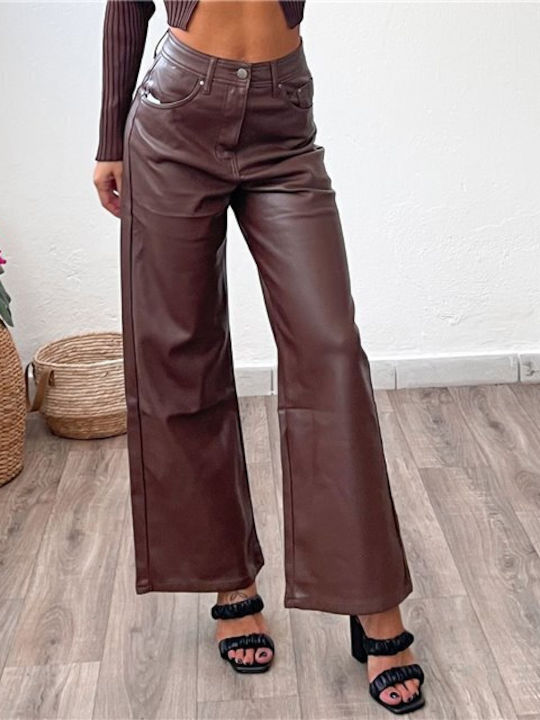 Chica Women's High-waisted Leather Trousers Brown