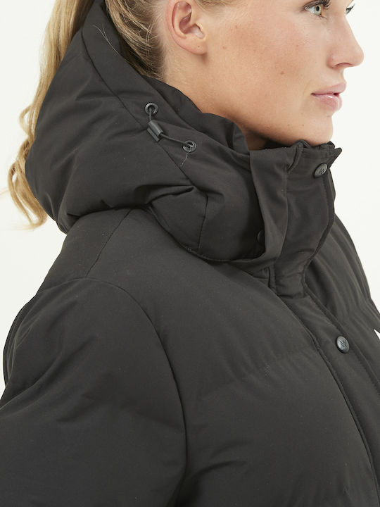 Lang Damen Puffer Jacke Winddicht für Winter Schwarz