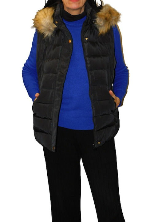 Kalliope Kurz Damen Ärmellos Puffer Jacke mit pelziger Kapuze für Winter Schwarz