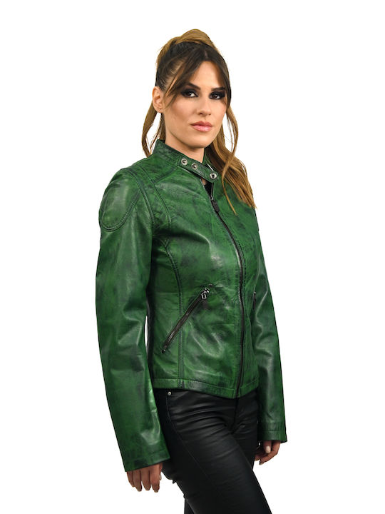 Leatherland Emma Women's Short Puffer Leather Jacket for Winter Green