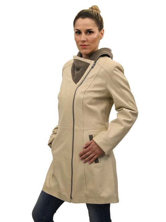 Leatherland Women's Short Lifestyle Leather Jacket for Winter with Hood Beige