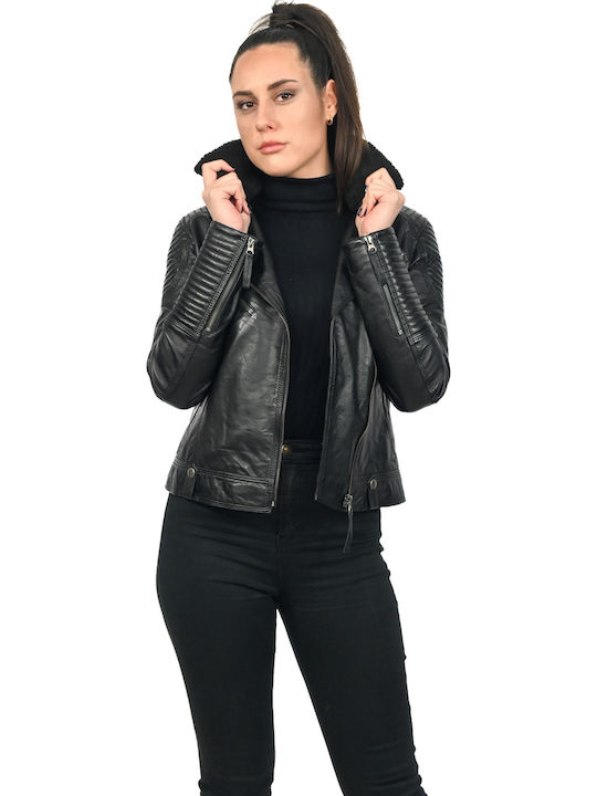 Emily Women's Short Biker Leather Jacket for Winter Black