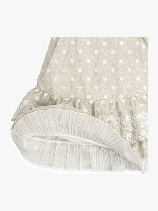 Sand-coloured Linen Dress Embroidered Детска Рокля Къс ръкав Лен На точки Бежов