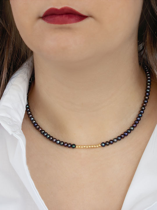 Margaritari Vergoldete Halskette aus 14K Gold mit schwarzen Perlen