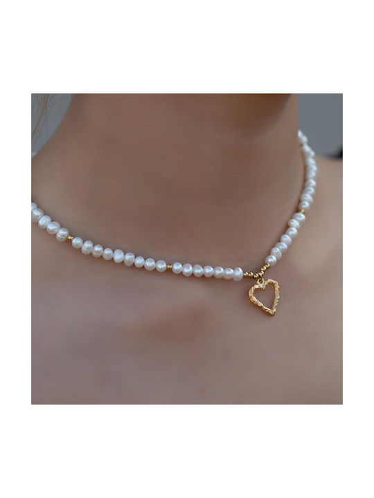 Necklace with design Heart from Gold Plated Steel with Pearls