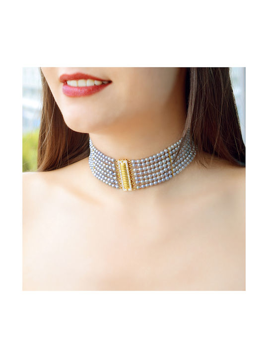 Γυναικείο Κολιέ Choker με Πέρλες & Διαμάντι από Χρυσό 18Κ σε Κίτρινο χρώμα